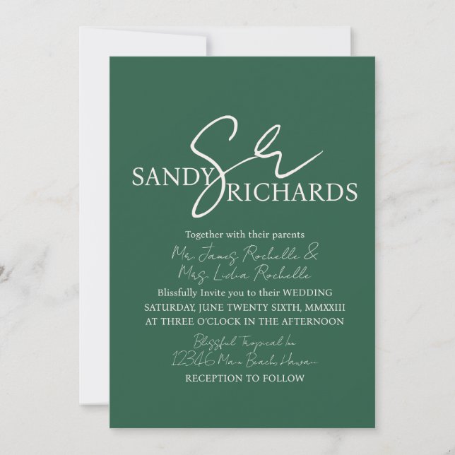 Invitation Couples Monogramme Verde Script Mariage (Devant)