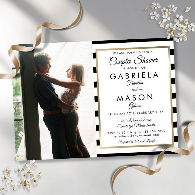 Invitation Couples Photo Grille Noire Et Blanc Douche (Black And White Stripe Photo Couples Shower Invitation)
