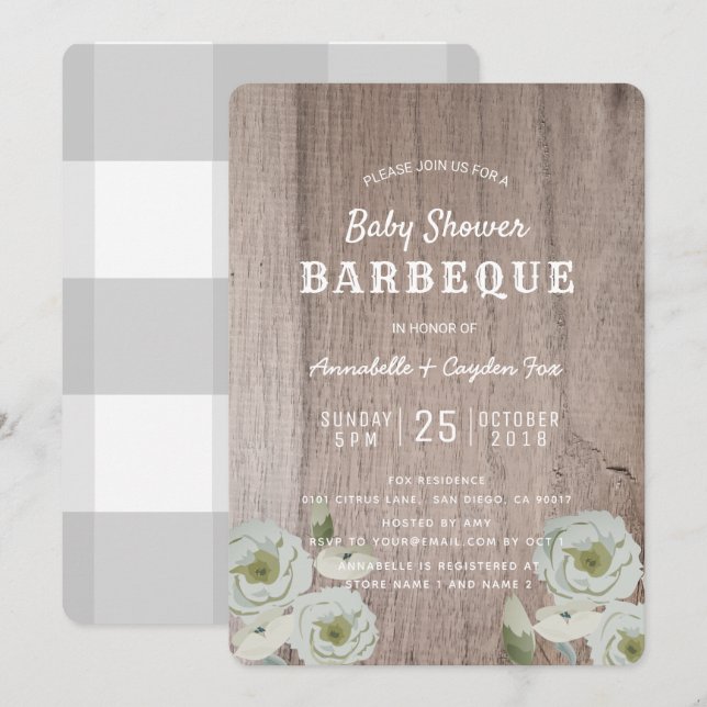 Invitation Couples Roses BBQ et Baby shower de bois Invitatio (Devant / Derrière)