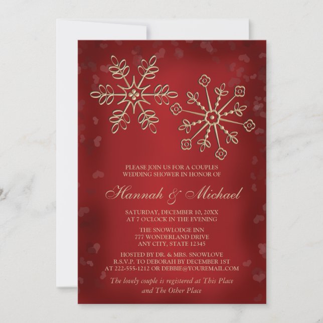 INVITATION COUPLES ROUGES ET GOLD SNOWFLAKE WEDDING SHOWER (Devant)