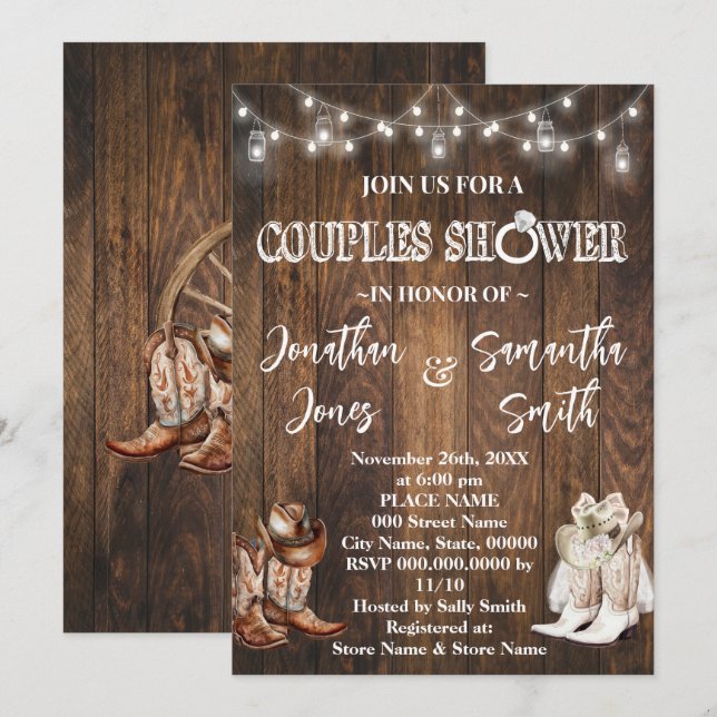 Invitation Couples rustiques Douche Western Country Grange Ma (Devant / Derrière)