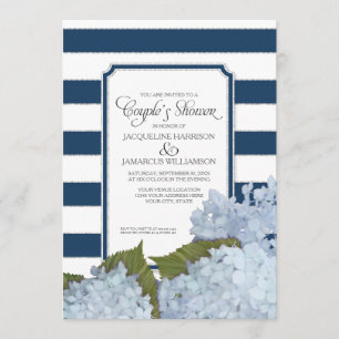 Invitation Couples Show Navy Blue Hydrangea Script Art Déco