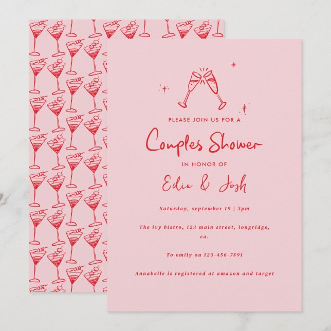 Invitation Couples shower modern pink red elegant handwritten (Devant / Derrière)