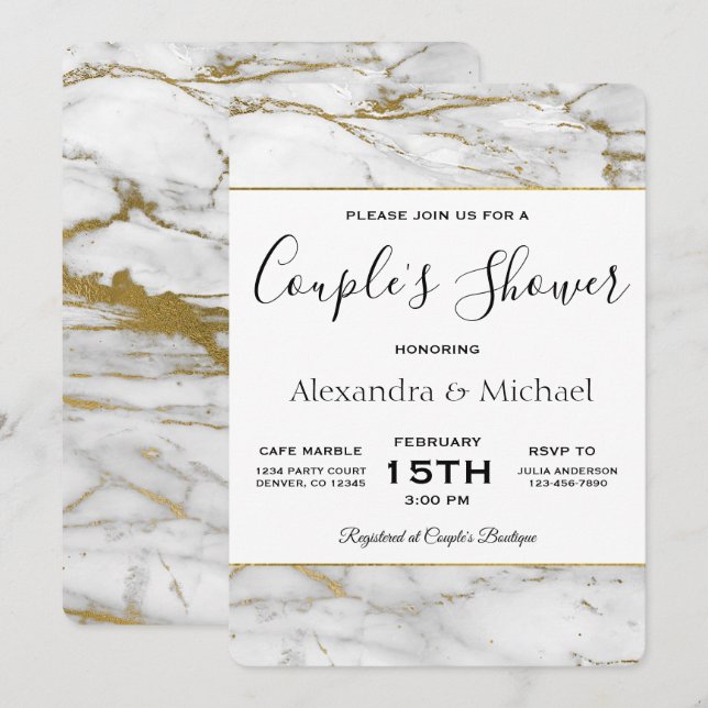 Invitation Couple's Shower White & Gold Marble (Devant / Derrière)