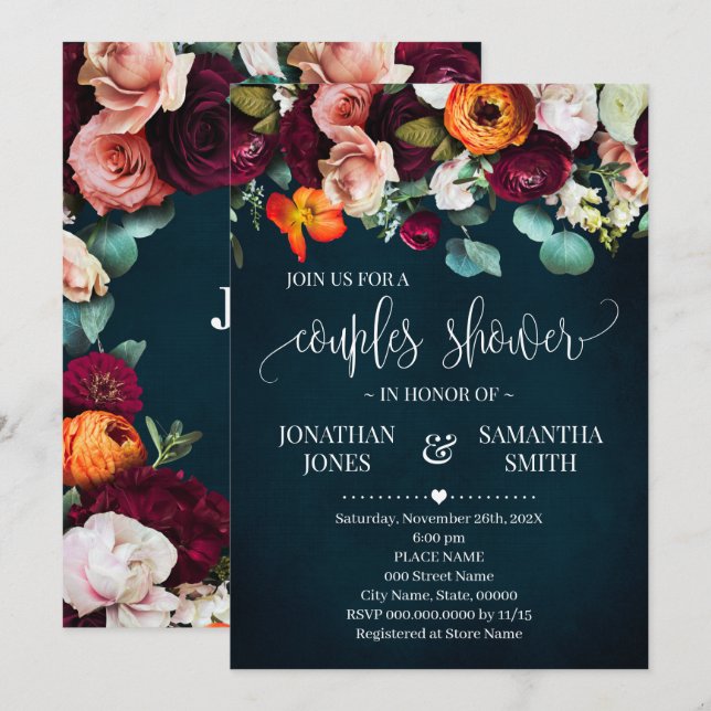 Invitation Couples Vin Douche Bourgogne Fleurs Mariage de mar (Devant / Derrière)