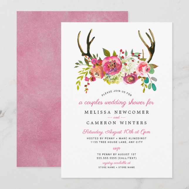 Invitation Couples Wedding shower, bois rose fleuri invitatio (Devant / Derrière)