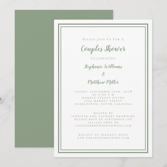Invitation Couples Wedding shower Fiançailles Sage Vert Blanc (Devant / Derrière)