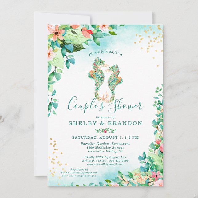 Invitation Couples Wedding shower Tropical Floral Seahors (Devant)