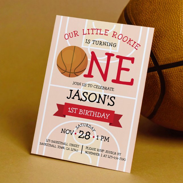Invitation Cour de Basketball & Ruban 1 Anniversaire tendance (Créateur téléchargé)