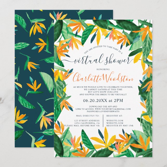 Invitation Courbe d'aquarelle florale tropicale douche virtue (Devant / Derrière)