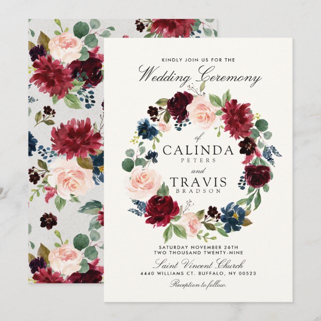 Invitation Courbe de Bouquet de Bourgogne| Mariage floral (Devant / Derrière)