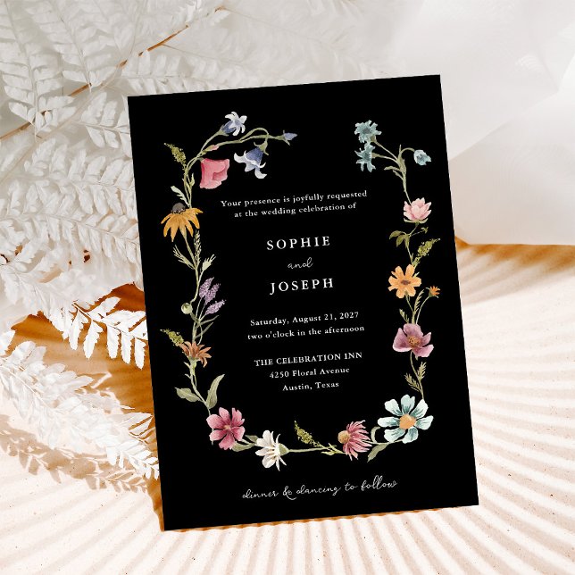 Invitation Courbe Fleur sauvage Boho | Mariage noir (Créateur téléchargé)