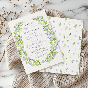 Invitation Courbe fleurie bleue boho bébé garçon douche