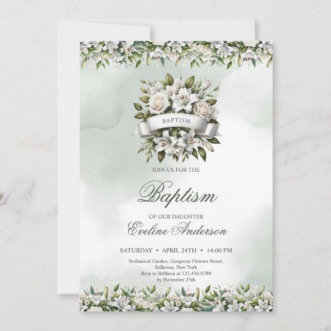 Invitation Courbe florale à aquarelle chic avec ruban Baptême (Devant)