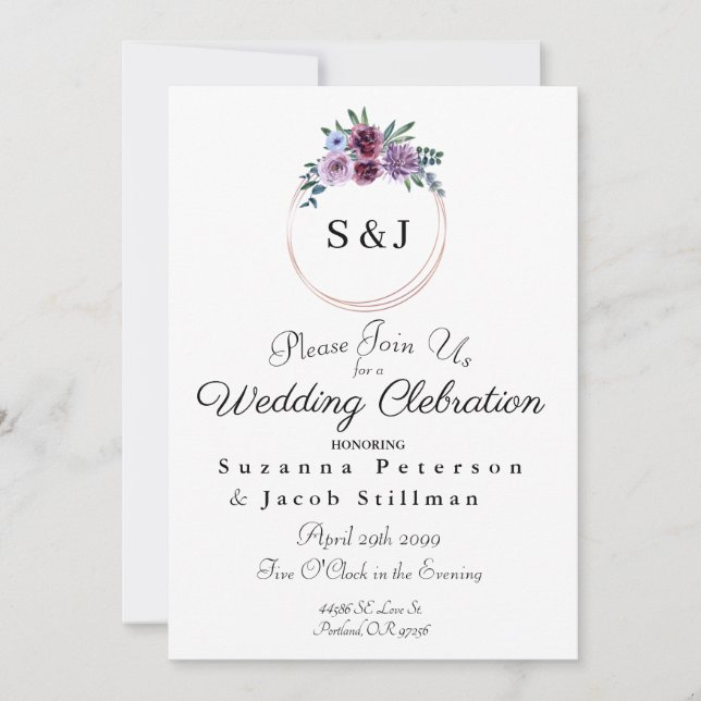 Invitation Courbe florale d'aquarelle simple avec initiales (Devant)