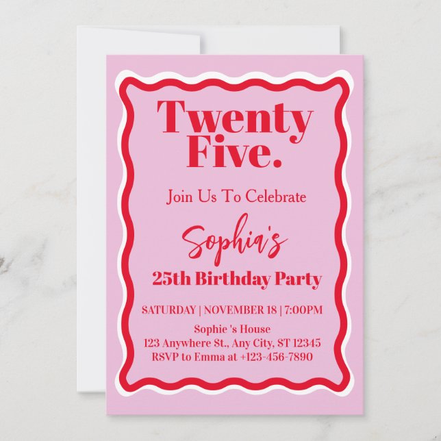 Invitation Courbe rouge rose moderne 25e anniversaire fête (Devant)