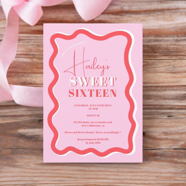 Invitation Courbe rouge rose rétro brun ondulé Sweet 16 (Retro pink red curve squiggle wavy Sweet 16 Invitation)