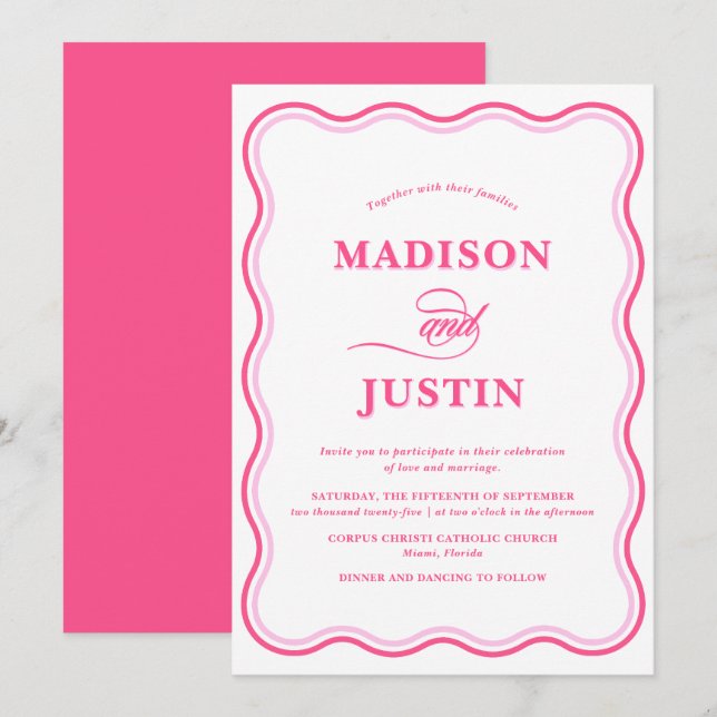 Invitation Courbes rose tendance Mariage ondulé (Devant / Derrière)