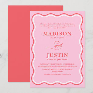 Invitation Courbes rouge et rose rétro Mariage ondulé