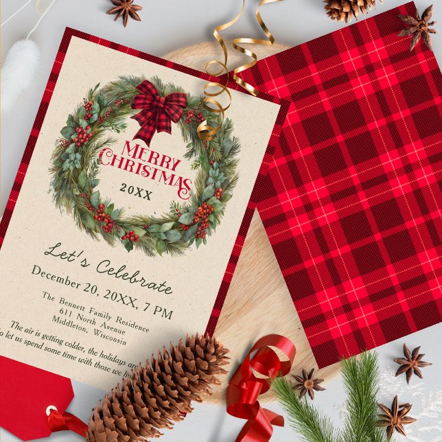 Invitation Couronne à carreaux rouges et buff de Noël pour un (Créateur téléchargé)