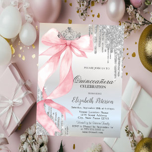 Invitation Couronne à nœud rose pailletée gouttes d'argent po