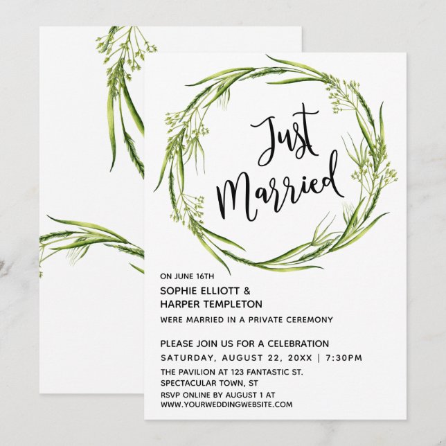 Invitation Couronne aquarelle verte typographie "Jeunes marié (Devant / Derrière)