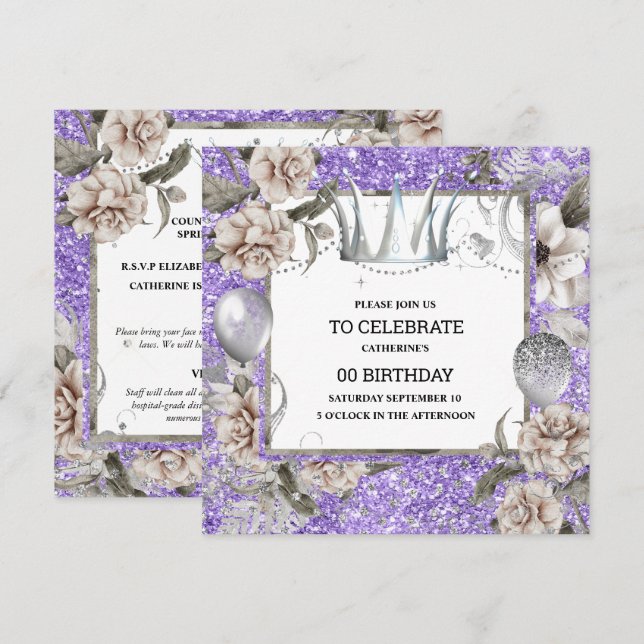 Invitation Couronne argentée chic parties scintillant florale (Devant / Derrière)