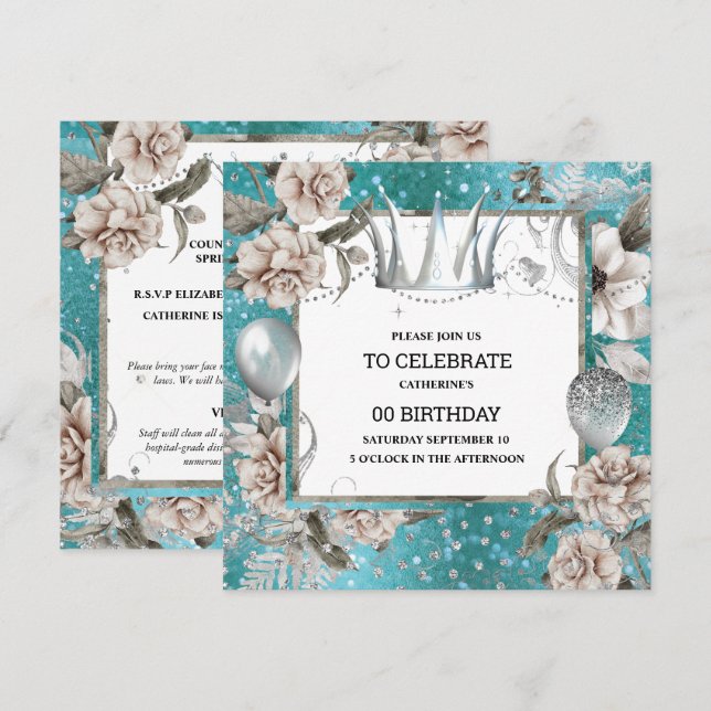 Invitation Couronne argentée chic parties scintillant florale (Devant / Derrière)