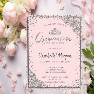 Invitation Couronne argentée chic, Quinceañera rose poudré di