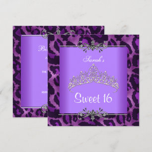 Invitation Couronne argentée léopard violet pour 16 ans