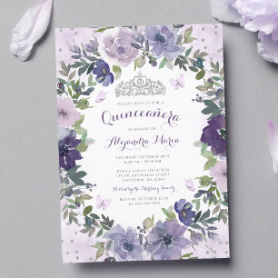 Invitation Couronne argentée papillon floral violet Quinceane