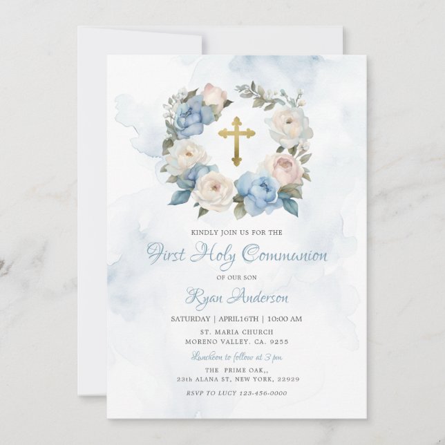 Invitation Couronne bleu rose première communion sainte (Devant)