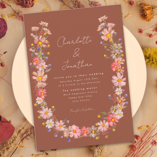 Invitation Couronne Bohème Fleur Sauvage Orange Brûlé Mariage (Wildflower boho wreath burnt orange terracotta fall wedding invitation with whimsical script )