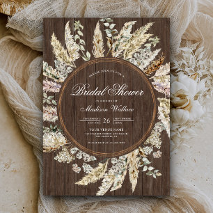 Invitation Couronne Bohème Herbe de Pampas Bois Rustique pour
