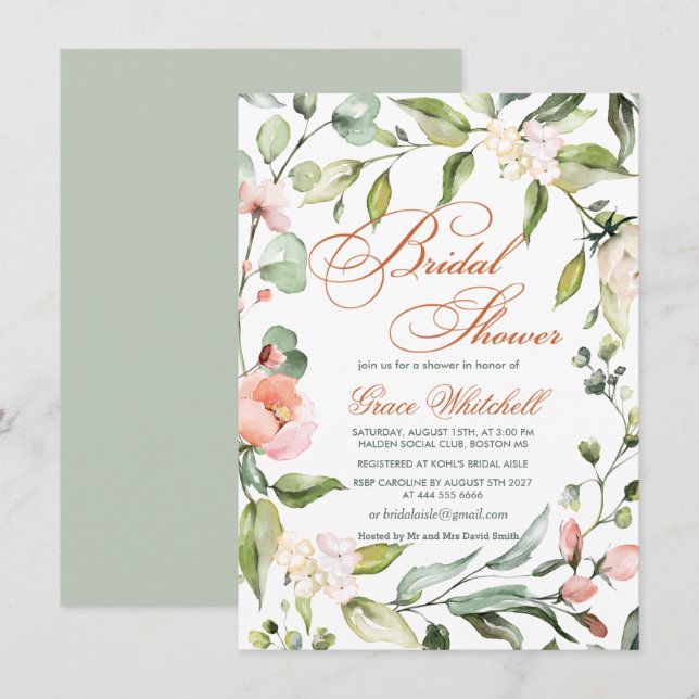Invitation Couronne botanique à feuilles, Fête des mariées de (Devant / Derrière)
