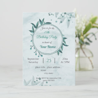 Invitation couronne botanique de feuilles bleu sarcelle pour
