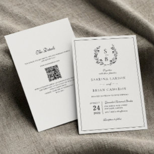 Invitation Couronne botanique de monogramme élégant QR Code M