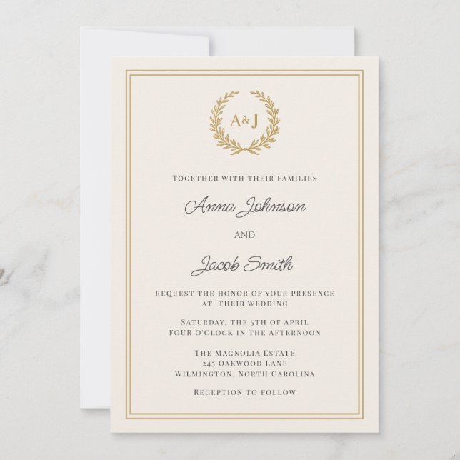 Invitation Couronne classique Monogram Laurel avec Mariage ph (Devant)