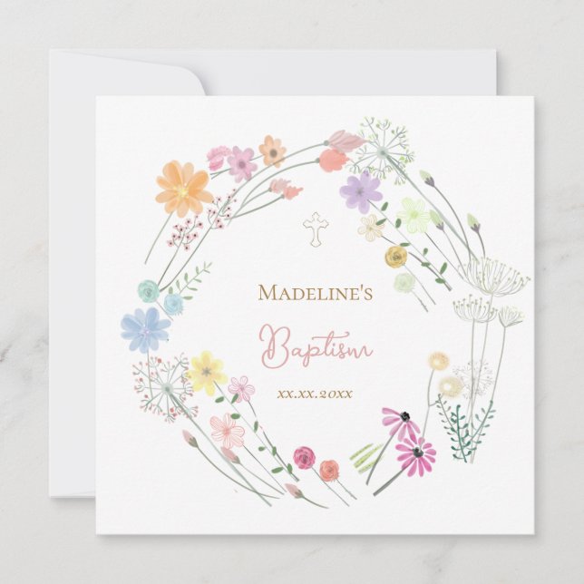 Invitation Couronne colorée de fleurs sauvages pour baptême (Devant)