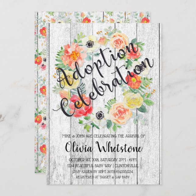 Invitation Couronne d'adoption orange et jaune aquarelle (Devant / Derrière)