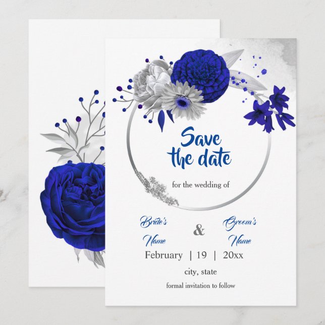 Invitation couronne d'argent bleu royal fil floral enregistre (Devant / Derrière)