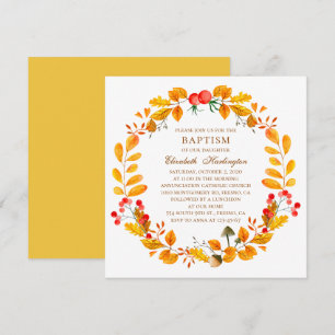 Invitation Couronne d'automne jaune. Bébé fille chute baptême