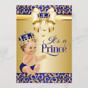 Invitation Couronne de Baby Shower Prince Bleu Royal et Or