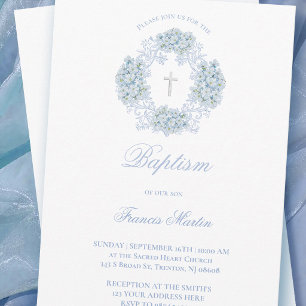 Invitation couronne de baptême d'hortensia bleu pastel