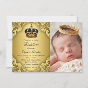 Invitation Couronne de baptême Prince Or Bleu Royal