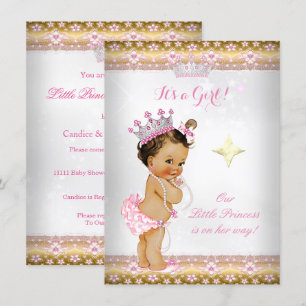Invitation Couronne de bébé princesse rose blanc or Brunett