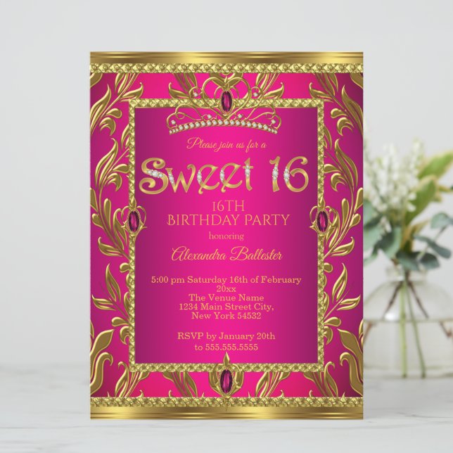 Invitation Couronne de bijoux rose chaud pour 16 ans or (Debout devant)