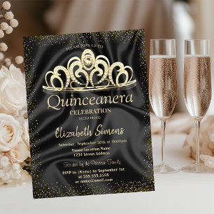 Invitation Couronne de confettis dorés Chic Satin noir Quince