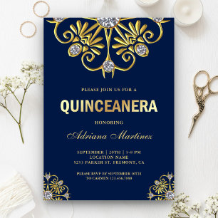 Invitation Couronne de diamants Mandala Quinceanera Bleu Or