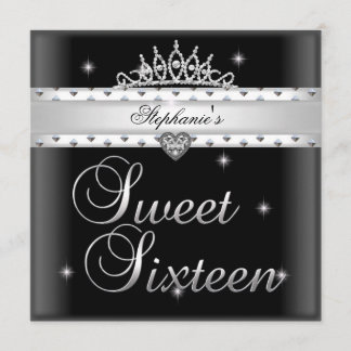 Invitation Couronne de fête d'anniversaire Sweet 16 noir blan
